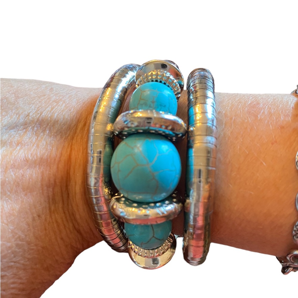 Bohemian Turquoise and Silver Stretch Wrap Bracelet